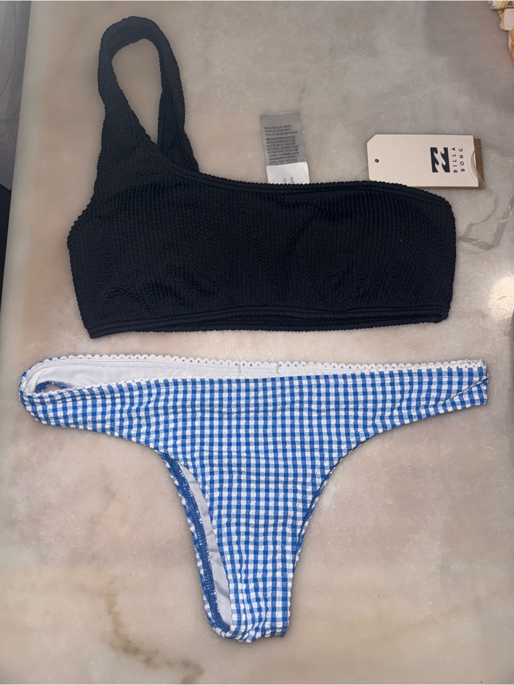 Billabong women’s  Blue Gingham Bottoms & Black Textured Bikini Set